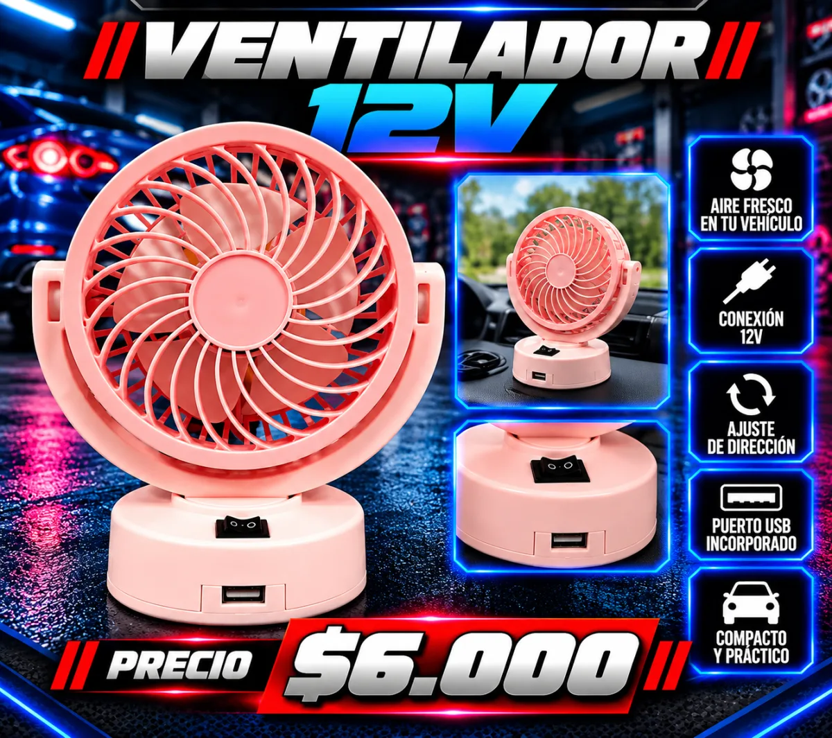 VENTILADOR ROSADO SIMPLE 12v